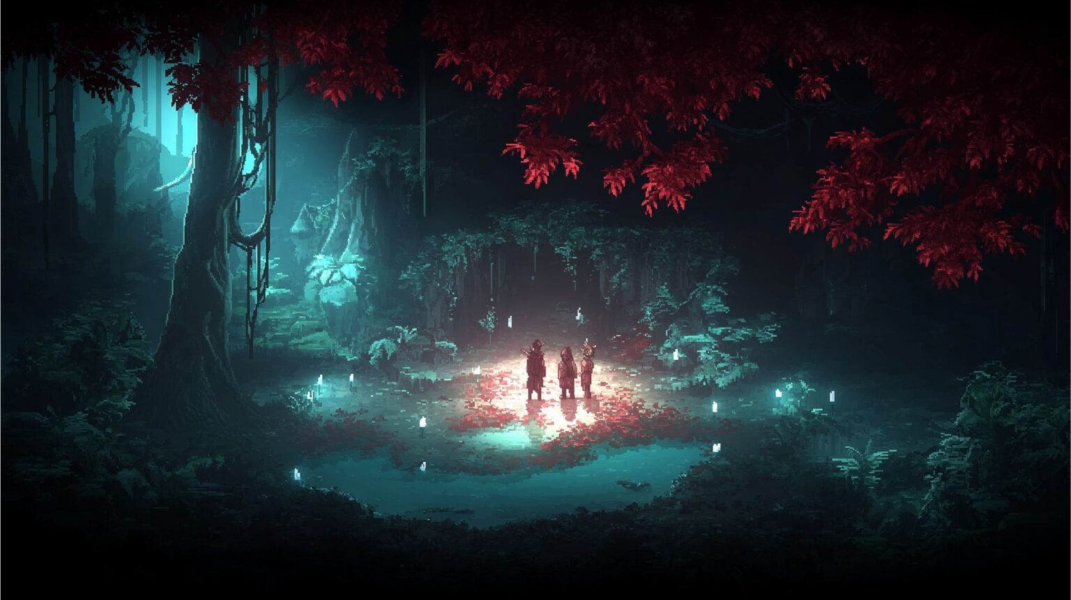 Eine atmosphärische Szene aus dem Indie-Spiel Drova: Drei Figuren stehen in einer mystischen Waldlichtung, umgeben von leuchtenden Geistern unter roten Blättern.