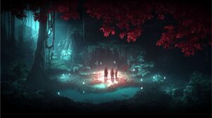 Eine atmosphärische Szene aus dem Indie-Spiel Drova: Drei Figuren stehen in einer mystischen Waldlichtung, umgeben von leuchtenden Geistern unter roten Blättern.