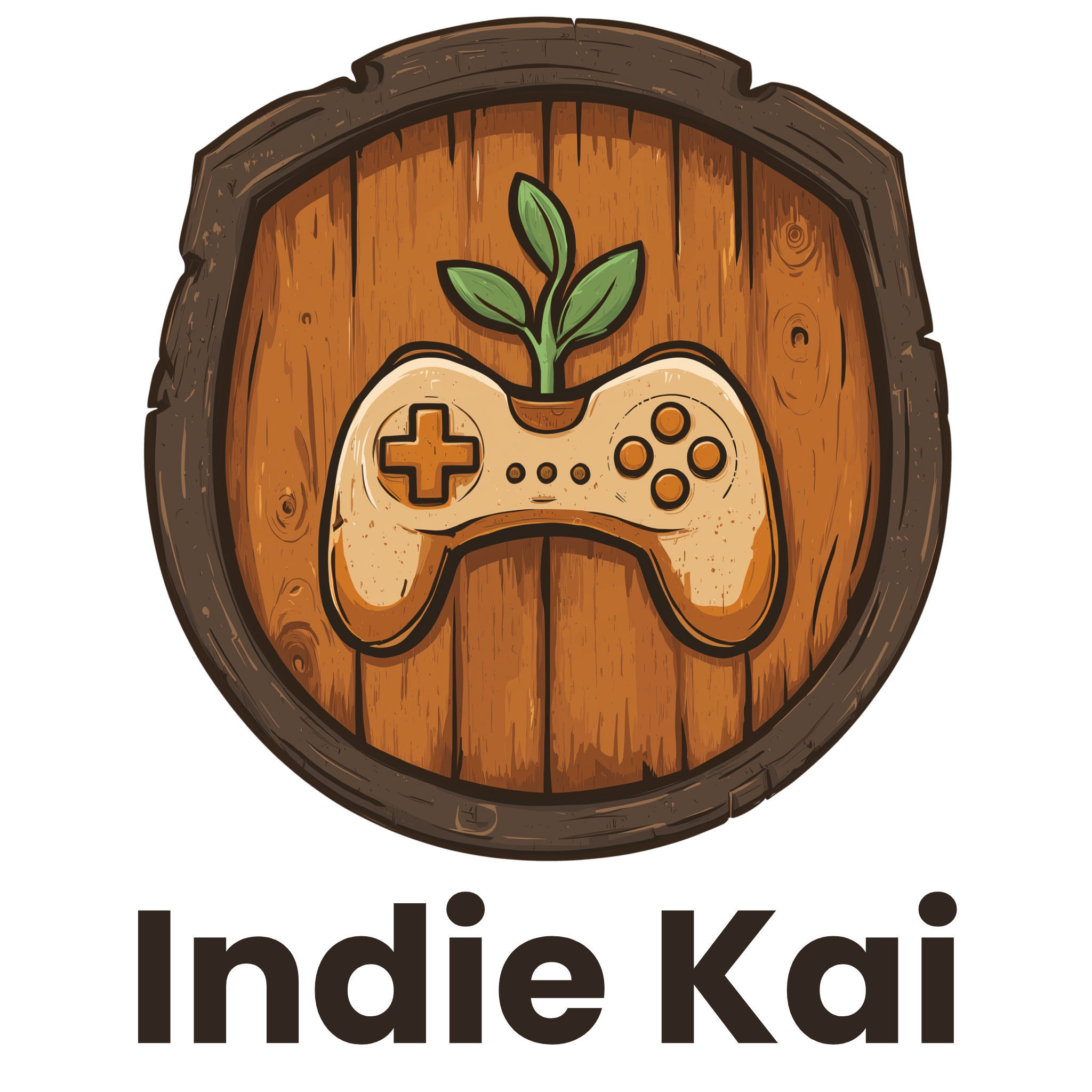Logo von Indie Kai: Ein Game-Controller auf einem Holzschild mit dem Schriftzug "Indie Kai"