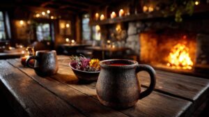 Stimmungsvoller Hintergrund einer gemütlichen Taverne mit Kaminfeuer und Holztischen.