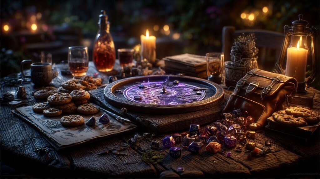 Beleuchteter Holztisch mit einem Fantasy-Spielbrett, umgeben von Würfeln, Keksen und Büchern.