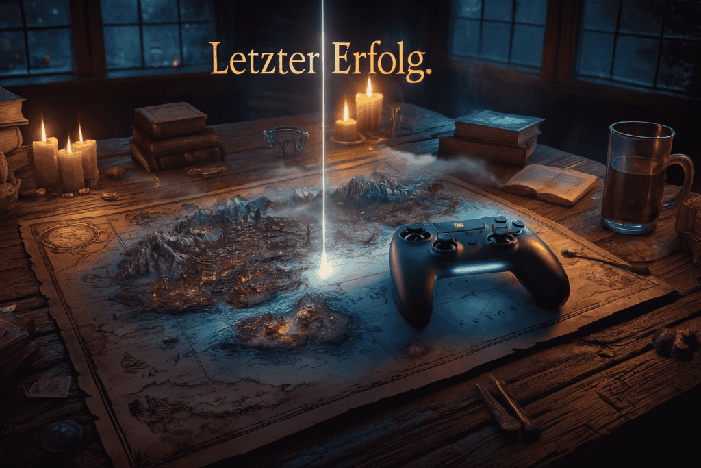 Controller liegt auf einer Fantasy-Karte. Ein Lichtstrahl markiert den unentdeckten Ort.