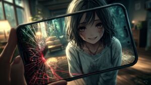 Artwork zum Indie-Spiel MiSide: Ein Mädchen mit einem süßen, aber leeren Lächeln bricht aus einem leuchtenden Bildschirm aus, der von einer Hand im Dunkeln gehalten wird