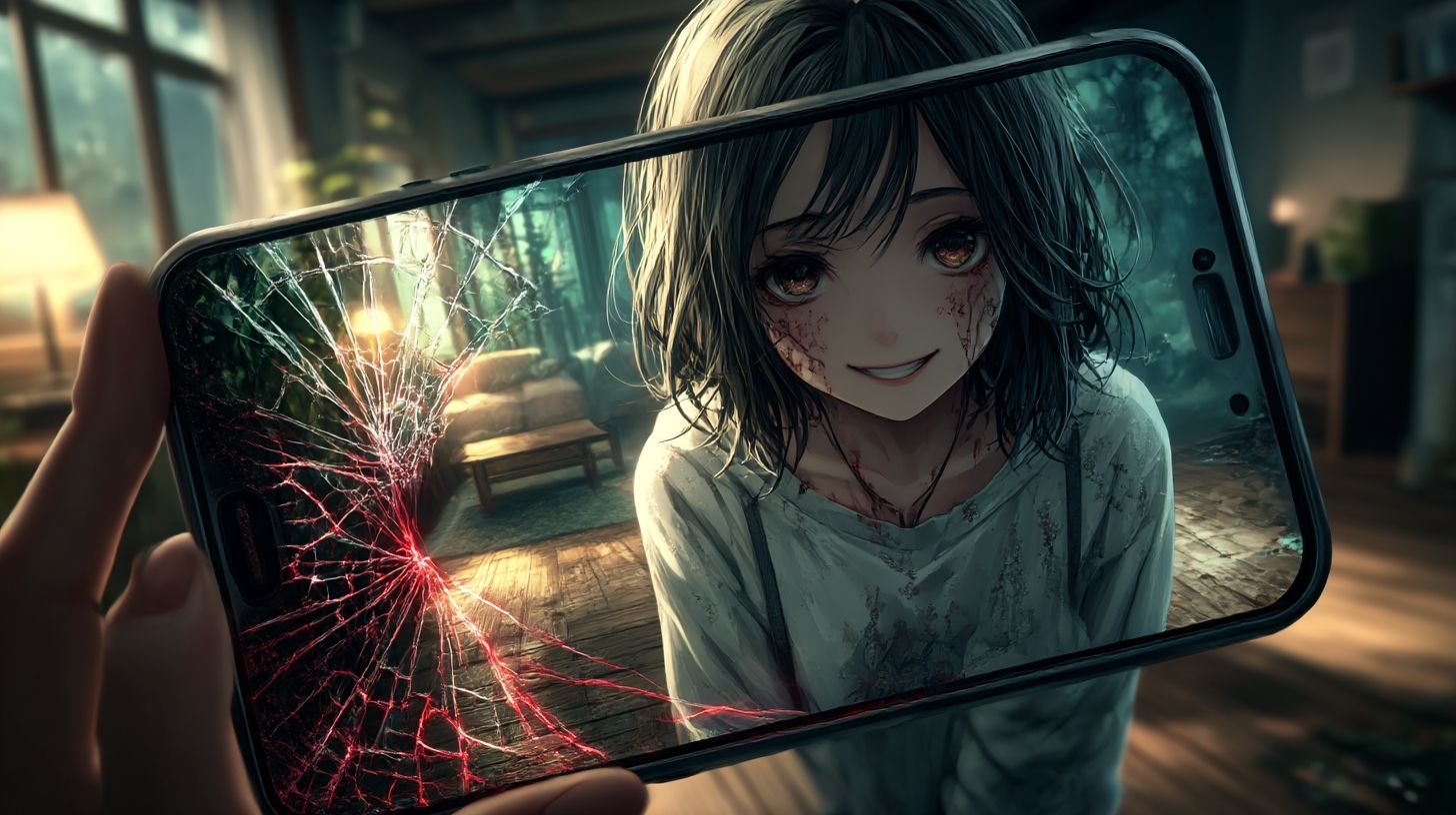 Artwork zum Indie-Spiel MiSide: Ein Mädchen mit einem süßen, aber leeren Lächeln bricht aus einem leuchtenden Bildschirm aus, der von einer Hand im Dunkeln gehalten wird