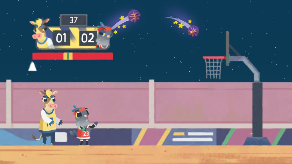 Pina die Kuh und Finley Spielen nach der Arbeit Basketball.