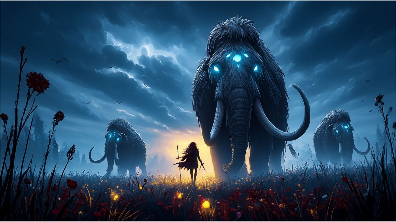 Eine Spielfigur steht mit Speer vor drei gewaltigen, mystisch leuchtenden Mammuts in einer düsteren Landschaft – Szenenbild aus dem Indie-Spiel Herdling, mit KI generiert.